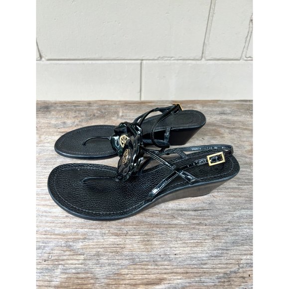 TORY BURCH Reva Logo Flower Blossom Logo Thong Wedge Sandals Breely 8 - Picture 6 of 10